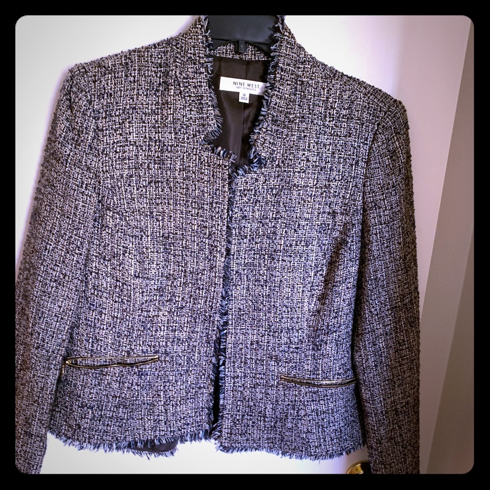 Nine West tweed blazer with blue accents.